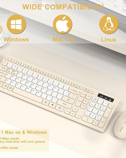 Silent Wireless Keyboard and Mouse Combo, Full-Sized Wireless Keyboard and Adjustable DPI Mouse, 2.4GHz USB Receiver, Keyboard and Mouse for PC, Windows, MAC, Desktop, Laptop(Latte-Color B)