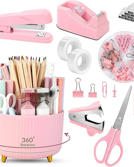 SKYDUE Pink Desk Accessories 10Pcs, Rotating Pen Holder for Desk, Stapler, Staple Remover, Tape Dispenser,2pcs Tape Refills, Binder Paper Clips Kit, Scissor,Pink Office School Supplies