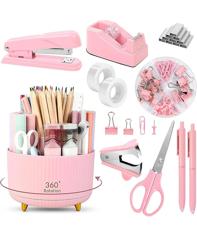 SKYDUE Pink Desk Accessories 10Pcs, Rotating Pen Holder for Desk, Stapler, Staple Remover, Tape Dispenser,2pcs Tape Refills, Binder Paper Clips Kit, Scissor,Pink Office School Supplies