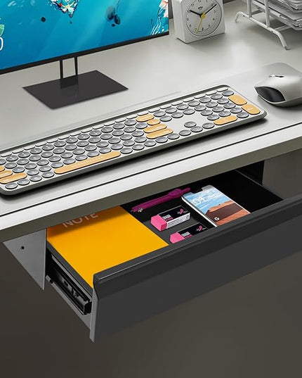 FFanhia 16 Inch Under Desk Mounted Sliding Pull-out Drawer Storage for Sit Stand Workstation Office(Applicable Table Thickness: 0.79in) Black