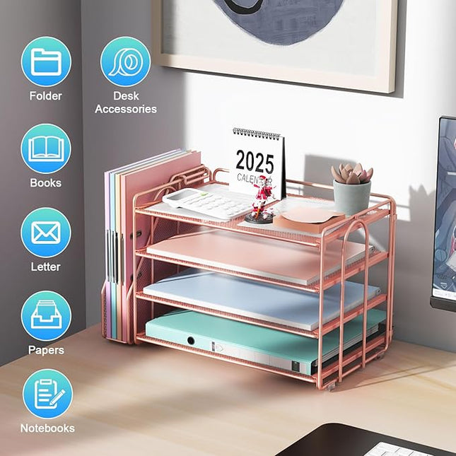 gianotter 4-Tier Paper Organizer With Magazine Holder, Desk Organizers and Accessories, Desk Accessories & Workspace Organizers, File Organizer for Office Supplies Storag (Rose Gold, 4-Tier)
