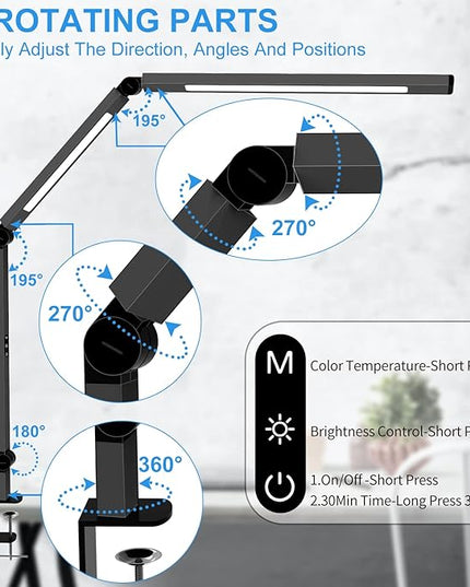 LED Desk Lamp with Clamp, Architect Desk Lamp for Home Office with Remote Control, Swing Arm Clamp on Computer Light, Clip-on Eye-Care Adjustable 5 Brightness Levels Table Light for Working Drafting