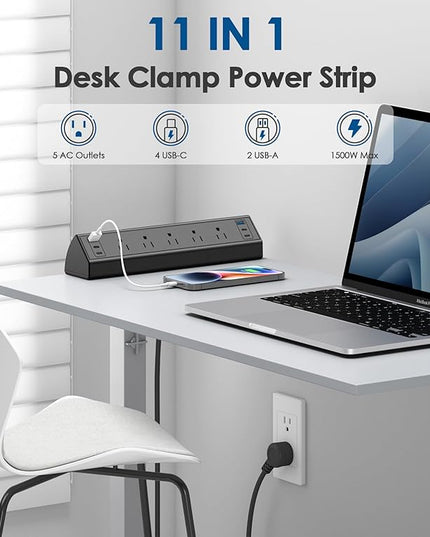 Jgstkcity Desk Clamp Power Strip USB C,40W Total Fast Charging Station,4 PD 20W USB C Ports,Desk Edge Mount Surge Protector,5 Outlets,Fit 1.96" Tabletop Edge,ETL Listed