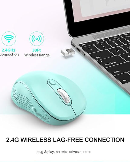 WisFox 2.4G Wireless Mouse for Laptop, Ergonomic Computer Mouse with USB Receiver and Type-C Adapter, 3 Adjustable Levels DPI, 6 Button Cordless Wireless Mice (Mint Green, 1 Pack)