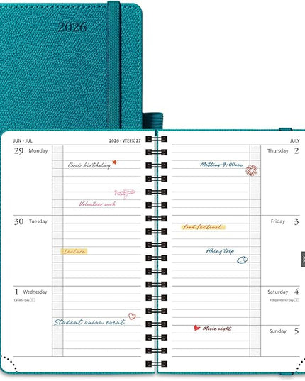 POPRUN 2026 Pocket Planner, (Small Size-4'' x 6.25'') - Daily Weekly and Monthly Calendar Agenda 2026 Appointment Book with Monthly Tabs, Spiral Soft Cover, Inner Pocket, 100 GSM - Pacific Green