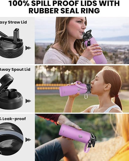 Insulated Water Bottle 40 oz, Triple Wall Vacuum Stainless Steel (Cold for 48 Hrs), Leak Proof & Non-BPA, Modern Water Flask Jug with Paracord Handle & Straw Spout Lids, Lilac