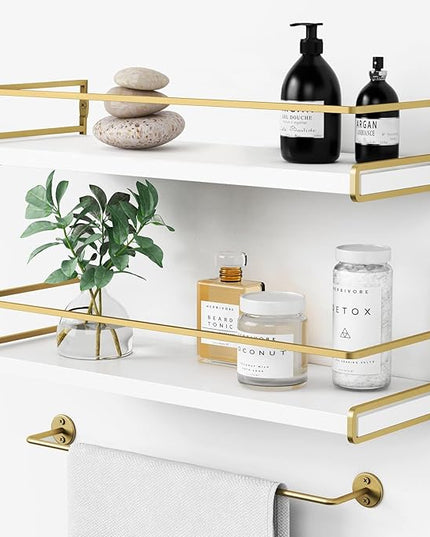 Forbena Floating Bathroom Shelves Wall Mounted, Aesthetic White and Gold Shelves for Bathroom Accessories, Modern Bathroom Organizer with Tower Bar for Wall Decor Storage Small Spaces, Set of 2