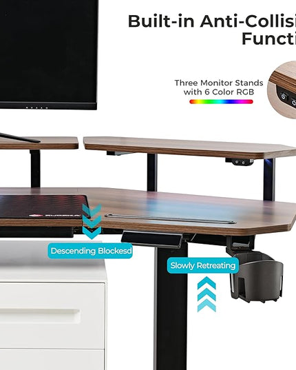 EUREKA ERGONOMIC Standing Gaming Desk with Dual Motor,63" Wing Shaped Computer Desk w Mouse Pad, Electric Adjustable Height Table w LED Monitor Stands,Slot Design,Walnut