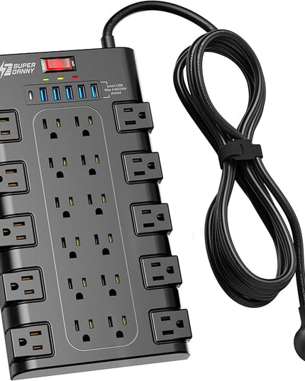 Extension Cord 10 Ft, SUPERDANNY Power Strip Surge Protector with 6 USB Charging Ports and 22 AC Outlets, 1875W/15A, 2100 Joules, Flat Plug Power Outlet for Home, Office, Dorm, Gaming Room, Black