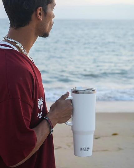 Beast 50 oz Tumbler with Handle Stainless Steel Vacuum Insulated Coffee Ice Cup Double Wall Travel Flask (Arctic White)