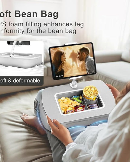 Tablet Stand Pillow with Snack Bowl, iPad Lap Holder for Hands-Free Reading and Relaxation on Bed,Couch,Recliner, 360° Rotating Clip for 4.7-13" Kindle,eBook,Tablet,iPhone (Light Gray)