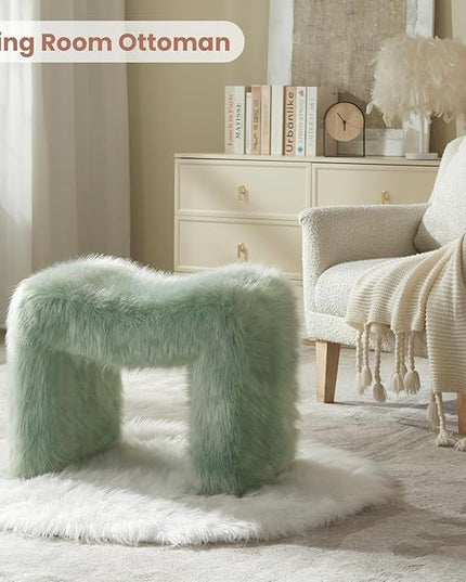 Vanity Stool Chair Small Footstool Ottoman Faux Fur Seating Backless Modern Foot Rest Ottoman Furry for Makeup Room Living Room Bedroom Entryway,Green (Single 1)