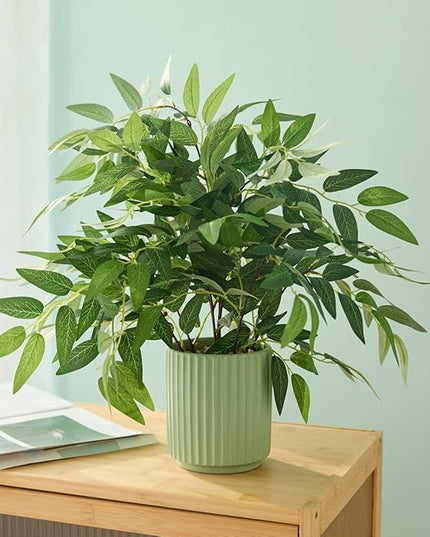EZBOHO 16" Artificial Willow Leaf Plant in Ribbed Ceramic Pot Lifelike Faux Potted Greenery for Indoor Home Office Table Shelf Living Room Bedroom Bathroom Decor