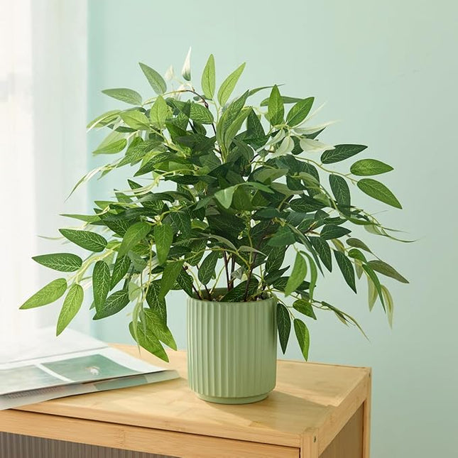 EZBOHO 16" Artificial Willow Leaf Plant in Ribbed Ceramic Pot Lifelike Faux Potted Greenery for Indoor Home Office Table Shelf Living Room Bedroom Bathroom Decor