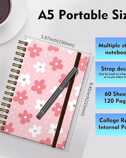 Cute Spiral Journal Notebook,A5 Hardcover Lined Journals for Women Girl 6 x 8.3 in,120 Pages Thick Paper,Cute College Ruled Writing Notebook for Gifts Office Work School (Pink Boho Flower)