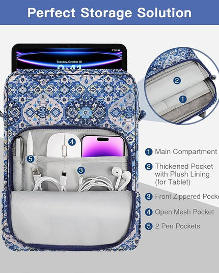 MoKo 9-11 Inch Tablet Sleeve Bag Handle Carrying Case with Shoulder Strap Fits 11inch iPad Air M3, iPad A16 2025, iPadPro 11", iPad109/8/7th Gen 10.2, Air 5/4th 10.9, Tab S8/S9 11", Blue Bohemia