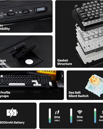 EPOMAKER TH99 Tri-Mode Wireless Mechanical Keyboard with 8000mAh Battery, Hot Swappable Custom RGB Gaming Keyboard with Numpad, Gasket Creamy for PC/Mac/Office (Black, Sea Salt Silent)