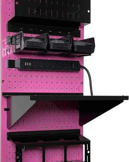 Wall Control Power Tool Storage Organizer Kit Cordless Drill Holder Charging Station Rack 16” x 32” Metal Pegboard Organization System (Pink Pegboard)