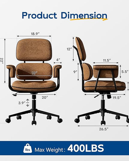 Fabric Office Chair with Granular Linen, Mid Back Vintage Desk Chair with Wheels and Wide Arms, Mid Century Modern Home Office Desk Chairs with Memory Foam Seat Cushion, Adjustable Height, Brown