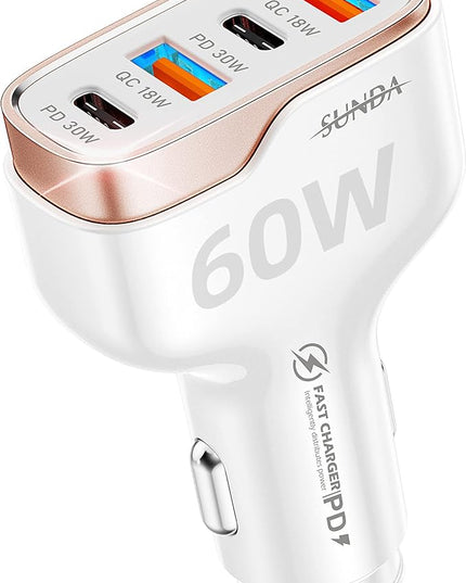 SUNDA 60W USB C Fast Car Charger, 4-Ports Car Charger Adapter, Dual Type C PD30W/PPS30W Compatible with iPhone17/16/15 Pro/Max/iPhone14/iPad Pro/Galaxy/SamsungS25, Dual USB-A 18W QC3.0 for Android