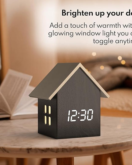 Driini Digital House Shaped Alarm Clock with Temperature Display (Dark Wood) – Modern Aesthetic with Cute Cube Frame and White LED Dimmer - Perfect Small Desk Clock for Bedside Table or Bedroom Mantle
