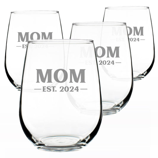 Bevvee Mom Est 2024 Bold Stemless Wine Glass for New Mom - 17 oz - Set of 4