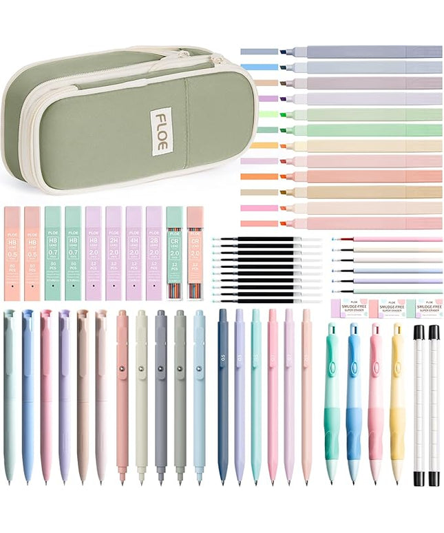 65PCS Aesthetic School Supplies with Cute Pencil Case, Pastel Highlighters Gel Pens Mechanical Pencils Set 0.5 0.7 & 2.0mm, Office Back to School Supplies College Essentials Kit Student Stationary Set