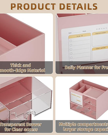 Marbrasse Desk Organizer with 3 Drawer, Multi-Functional Pencil Pen Holder for Desk, Desk Organizers and Accessories with 4 Compartments, Desktop Organizer Storage for Office Home Art Supplies (Pink)