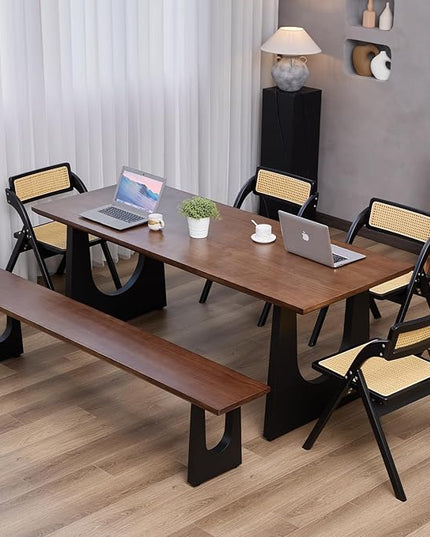 Walnut Color Long Bench Solid Wood Top Metal Legs U-Shaped Design Durable Sturdy Dining Bench Ideal for Office Home Restaurant Patio Multiple (Bench, 55.12in)
