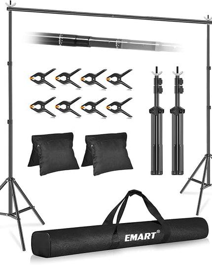 EMART Backdrop Stand 10x7.8ft(WxH) Photo Studio Adjustable Background Stand Support kit with 2 Crossbars, 8 Clamps, 2 Sandbags and Carry Bag for Parties, Events Decoration, Wedding, Photography