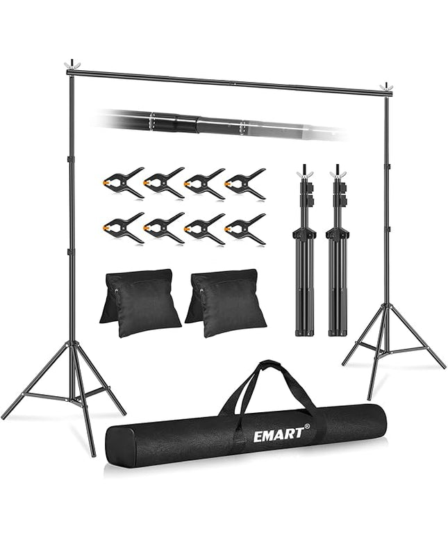 EMART Backdrop Stand 10x7.8ft(WxH) Photo Studio Adjustable Background Stand Support kit with 2 Crossbars, 8 Clamps, 2 Sandbags and Carry Bag for Parties, Events Decoration, Wedding, Photography