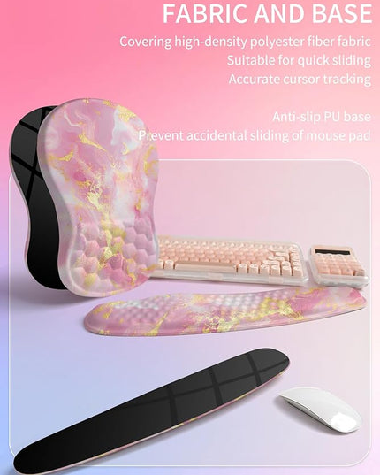 Hokafenle 2in1 Combination, Wave Keyboard Wrist Rest and Ergonomic Curvature Mouse Pad Wrist Support for Relieve Wrist Pain, Filled with Soft Cushion Memory Foam, Golden Pink Marble