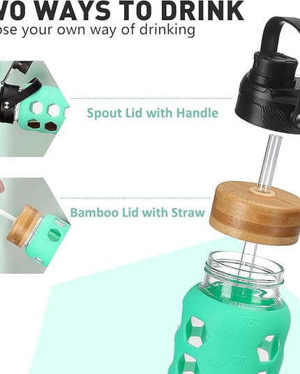 MUKOKO Glass Water Bottles, 24oz Glass Tumbler with Straw, Drinking Bottles with 2 Lids-Handle Spout Lid&Bamboo Straw Lid, Motivational Water Bottle with Time Marker and Silicone Sleeve, 1 Pack-Green