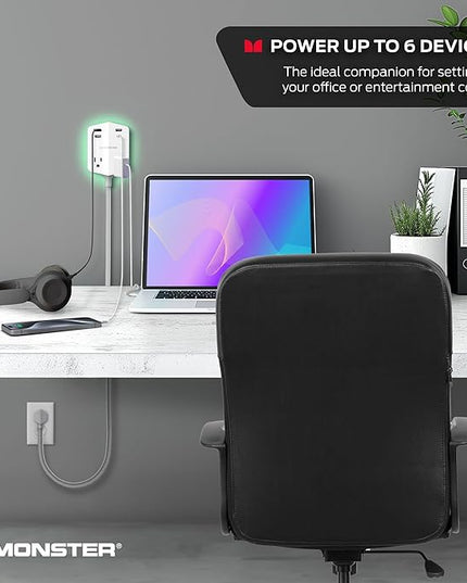 Monster Power Shield: Magnetic Wall Outlet Extender, Multiple Plug Outlet with 2 AC Outlets, 3 USB-A Ports, & 1 USB-C Port (20W)