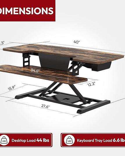 SANODESK Standing Desk Converter with Electric Motor 40" Height Adjustable Riser for Office Home,Dual Monitor and Laptop Workstation with Large Keyboard Tray, Rustic Color