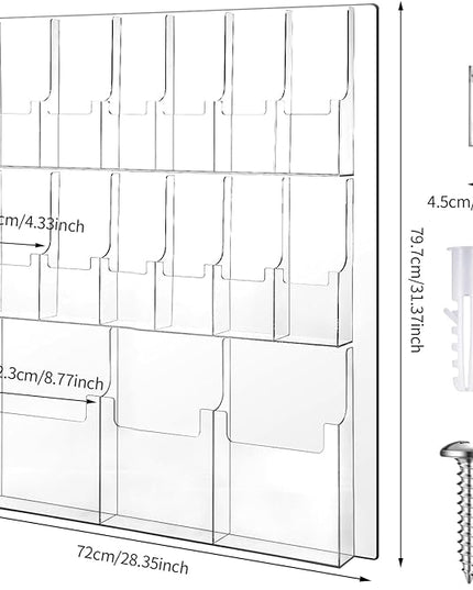 Weysat Acrylic Brochure Holder Wall Mount, Clear Plastic Pamphlet Holder Magazine Display Trifold Flyer Rack Hanging Literature Storage Organizer(3 Magazine Pockets, 12 Pamphlet Pockets)
