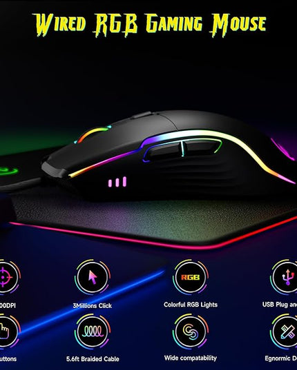 memzuoix Wired Gaming Mouse with RGB - 6 Adjustable DPI up to 12800, 6 Buttons, 12 Lighting Modes, Ergonomic Design with Anti-Slip Rubber Wheel, 5.6ft Braided Cable for PC/Mac/Windows - Black