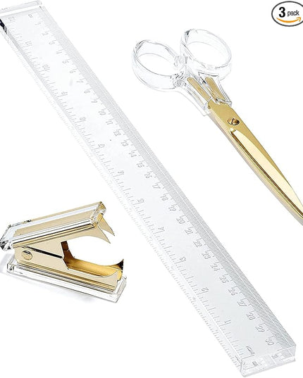 OfficeGoods 3 Piece Acrylic Desk Set - Includes Ruler, Staple Remover, Scissors - Functional & Elegant Desk Accessories - Stationary Tools for Home, Office, and School - Gold