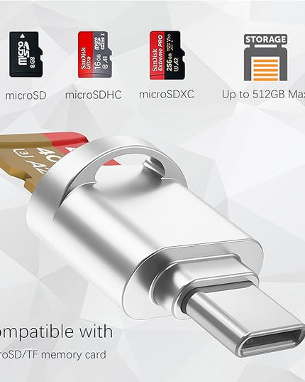 USB C Micro SD Card Reader for Android Phone, Camera, Laptop with Keychain, Mini Metal Type-C Card Reader (Shiny Silver)