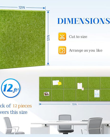 DOLLAR BOSS Large Cork Board for Wall 48" x 36" x 0.5" Bulletin Board 12 Packs Corkboard Tiles Self Adhesive Felt Wall Tiles for Office Home School, Green