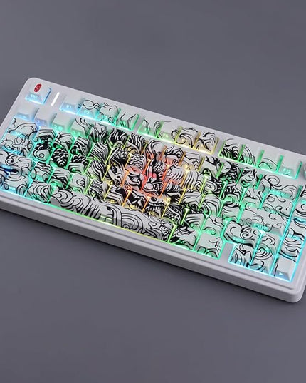 Tsungup PBT Keycaps,138 Keys Custom Cool Dragon Pattern Side Printed Keycaps,Cherry Profile Key Caps Keyboard Keycap Set for 60% 65% 75% 80% 100% MX Switches Mechanical Keyboard(White)