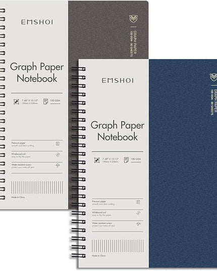 EMSHOI Graph Paper Spiral Notebook 7.48" x 10.15" - 2 Pack 320 Pages 100gsm Thick Grid Paper, B5 Graph Paper Notebook, Plastic Hardcover Journals for Writing Engineering Graphing Work School Supplies