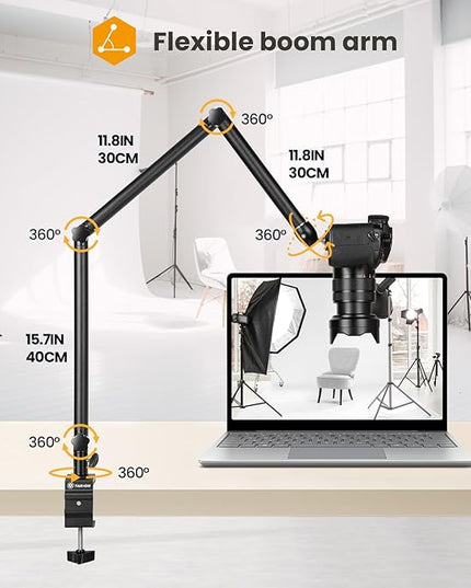 TARION Camera Desk Mount Stand - Articulating Arm, Flexible Overhead Mount, Adjustable Heavy Duty Tabletop DSLR Arm Boom for Flat Photography, Videography, Filming, Live Streaming TKB01