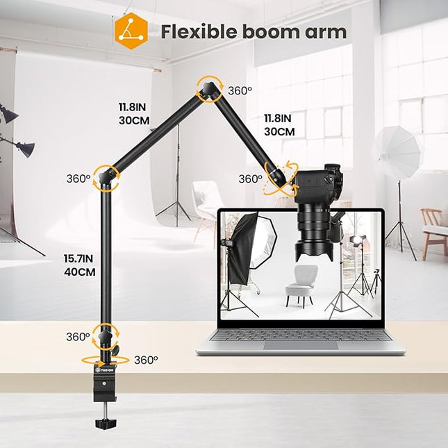 TARION Camera Desk Mount Stand - Articulating Arm, Flexible Overhead Mount, Adjustable Heavy Duty Tabletop DSLR Arm Boom for Flat Photography, Videography, Filming, Live Streaming TKB01