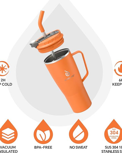Ideus 32 oz Tumbler with Handle and Straw, Vacuum Insulated Stainless Steel Travel Mug, 100% Leakproof, Cup Holder Friendly, Orange