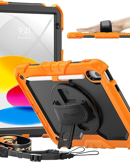 timecity for iPad (A16) 11th/ 10th Generation Case 11''/ 10.9 Inch (2025/2022) - Heavy Duty Protective Cover with Screen Protector, Stand, Shoulder Strap & Pencil Holder | Kids-Friendly - Orange
