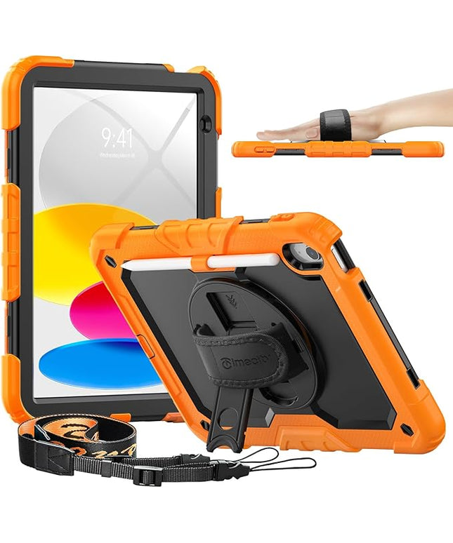 timecity for iPad (A16) 11th/ 10th Generation Case 11''/ 10.9 Inch (2025/2022) - Heavy Duty Protective Cover with Screen Protector, Stand, Shoulder Strap & Pencil Holder | Kids-Friendly - Orange