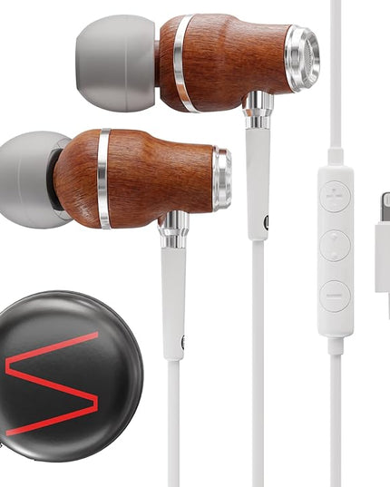 Symphonized iPhone Earphones Wired Deep Bass Sound, 3D Sound, Microphone Volume Control, 90% Noise Cancelling, Bubinga Wooden with Lightning (Apple MFI Certified), iPhone SE to 14 Earbuds (White)