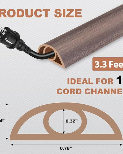 Floor Cord Cover for Wires on Floor Self Adhesive Cord Hider Floor Cable Management Wire Covers for Cords Protector Prevent Cable Trips Cord Cavity W 0.32" x H 0.32", Grayish Brown Wood, 3.3Ft