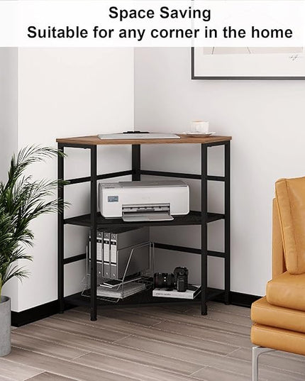 VEDECASA Corner Printer Stand Table with Power Outlet Charging Plugs USB Port Adjustable Storage Shelf Computer Tower CPU Stand Holder for Home Office (Brown)